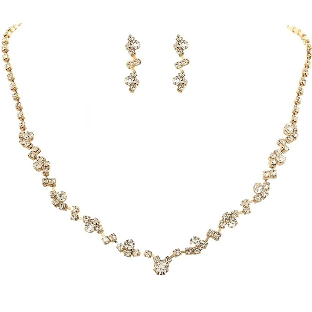 Crystal Jewelry Set Rhinestone Gold (3 piece set - 2 earrings and 1 neck…